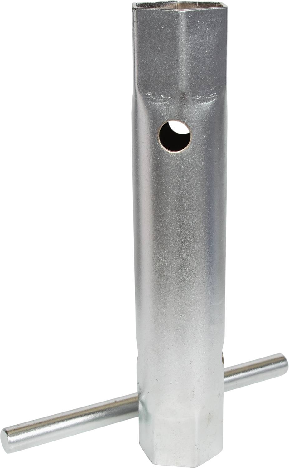 A silver candle key shows a cylindrical, hollow piece of metal with a transverse handle piece for handling.