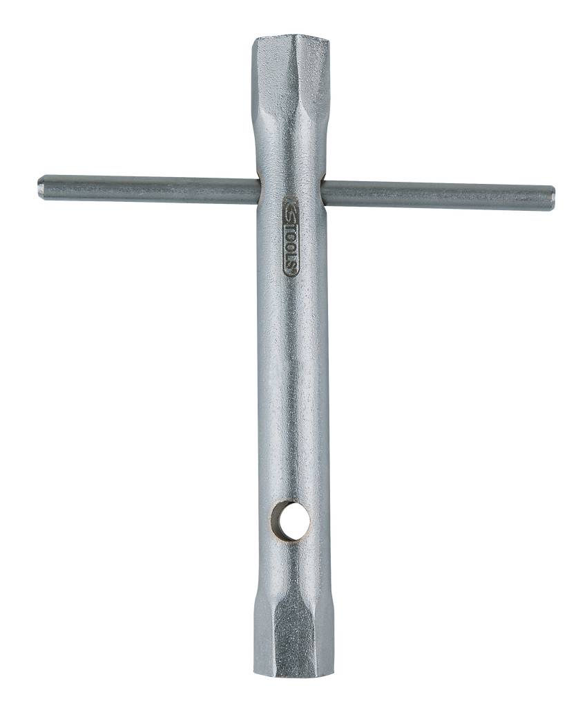 Metal key with T-handle design, suitable for tightening or loosening screws or nuts. Features a side hole for leverage.