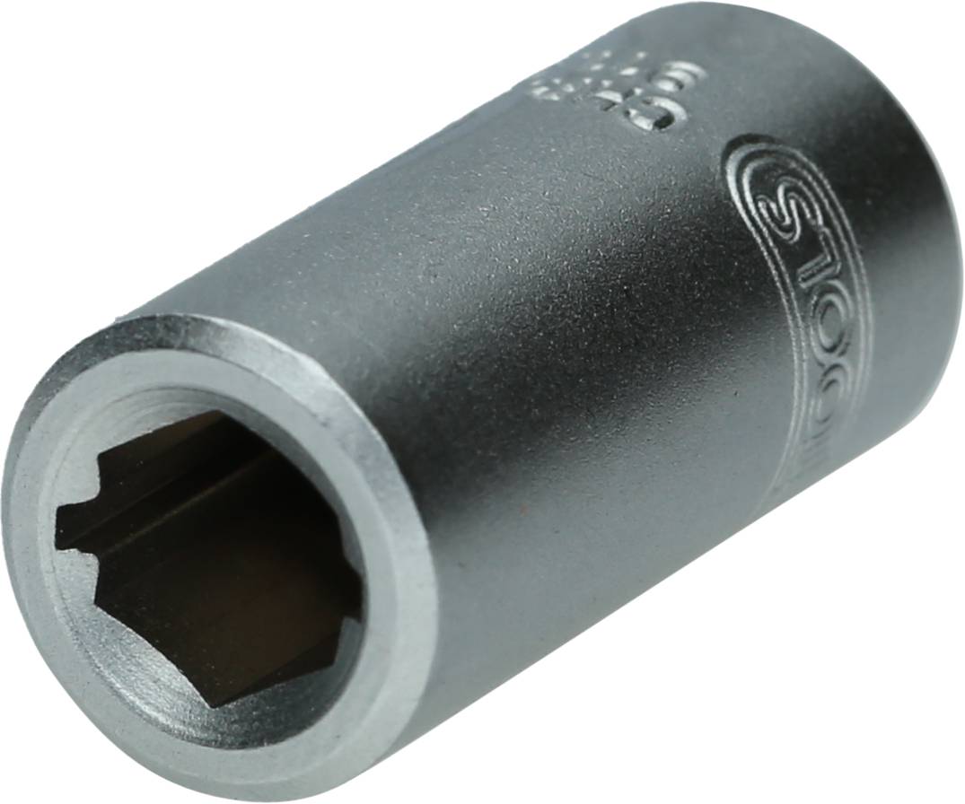 A hexagonal socket wrench in close-up, with a metallic sheen, resting on a white background.