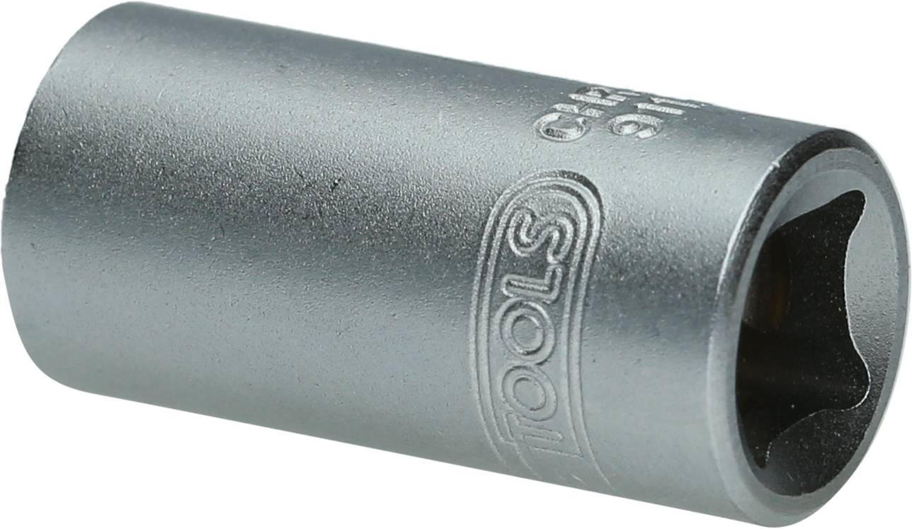 Metallic socket with a six-sided internal profile. Suitable for tightening or loosening screws and nuts.