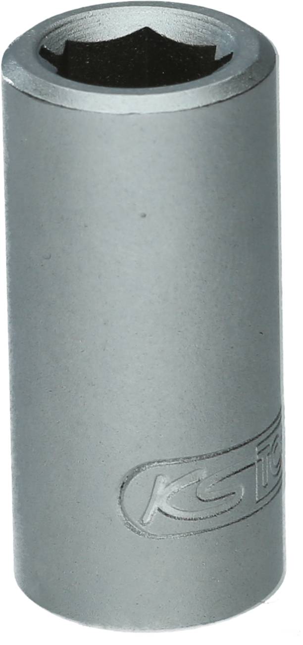 Silver hexagonal socket with engraving on the side. Tool for use with spanners or ratchets.