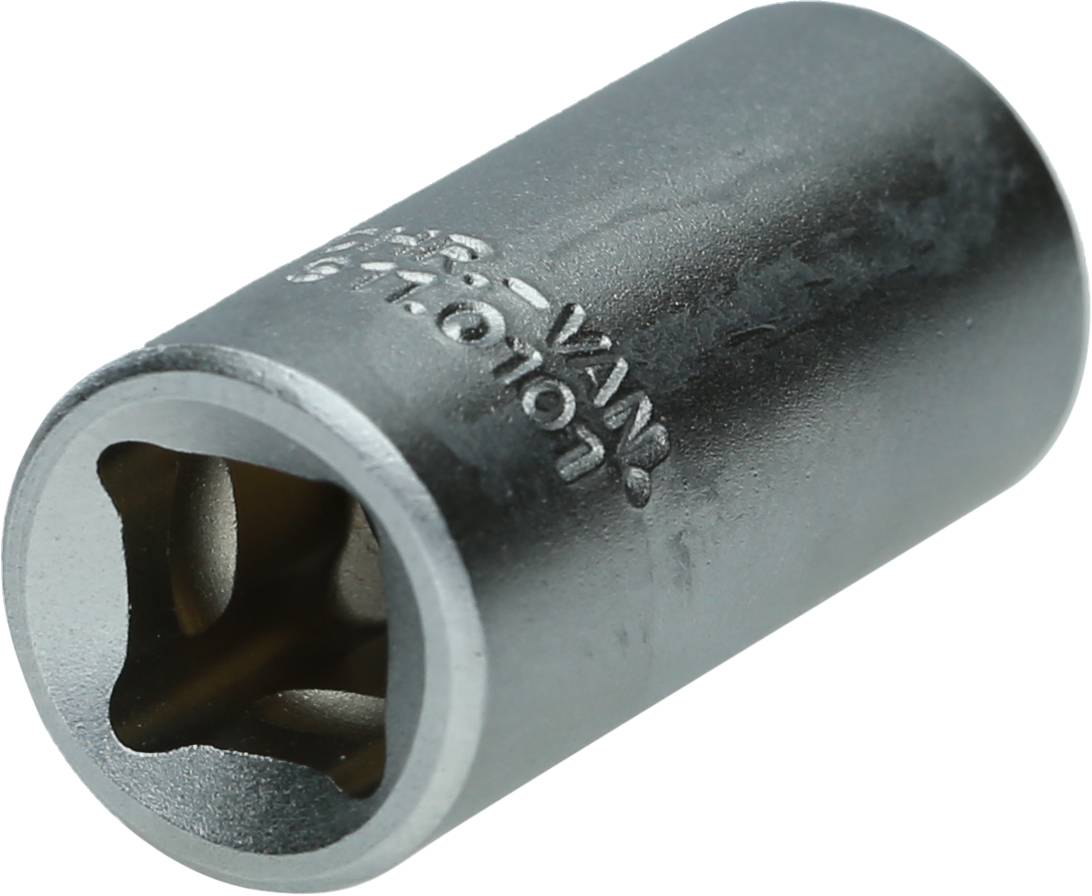 A silver socket extension with rounded edges. A number and text are printed on the side. Compatible with a spanner.
