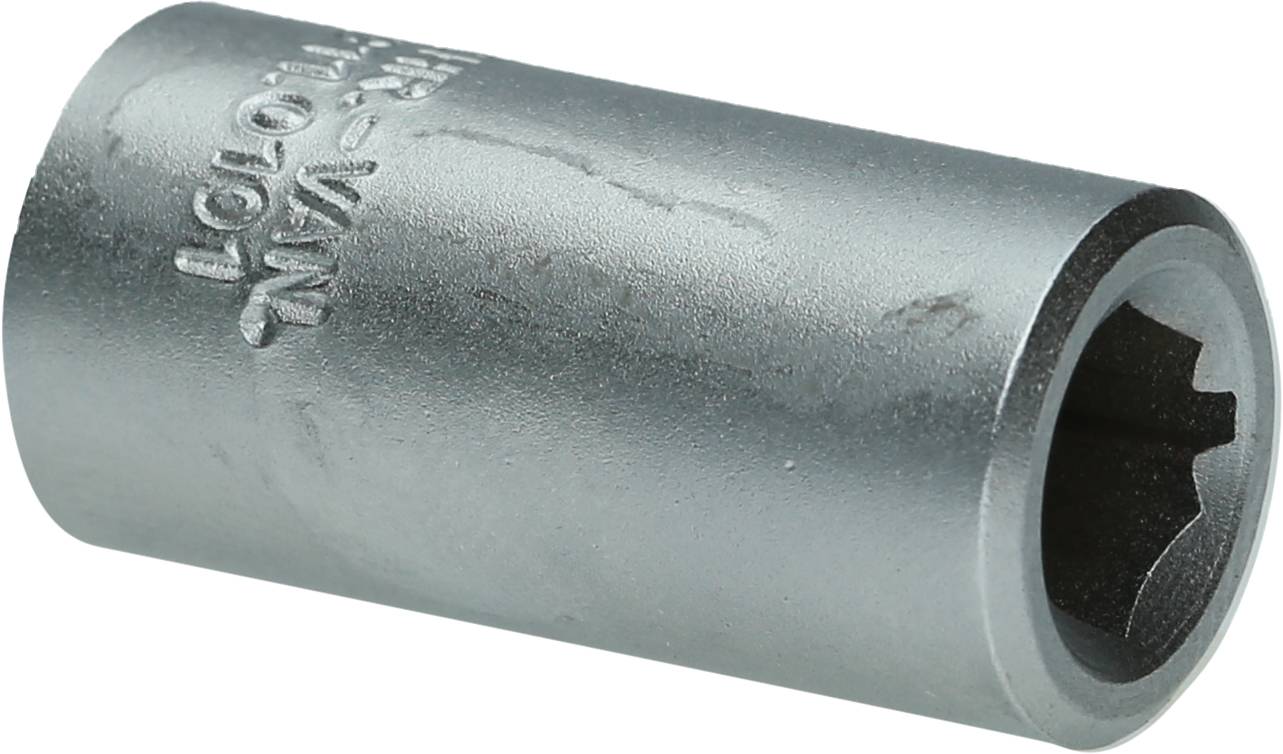 Metallic socket with hexagonal opening, side-engraved text, suitable for screw-related work in workshop environments.