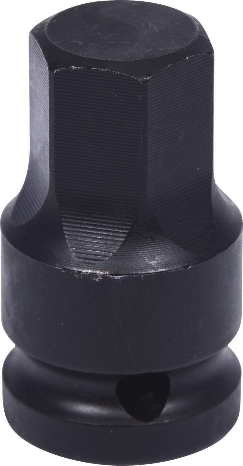 Black metal hexagonal adapter, suitable for use with power transmission tools, shows signs of wear.