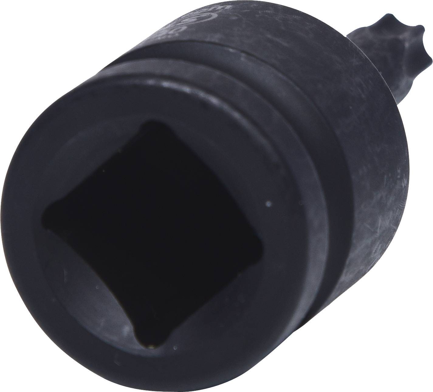 A black socket wrench with a square opening and serrated end, suitable for tightening or loosening screws.