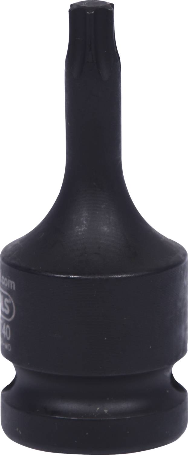 Image of a black screwdriver bit with a hexagonal shank and Torx T25 head. Suitable for screw-related tasks in workshops.