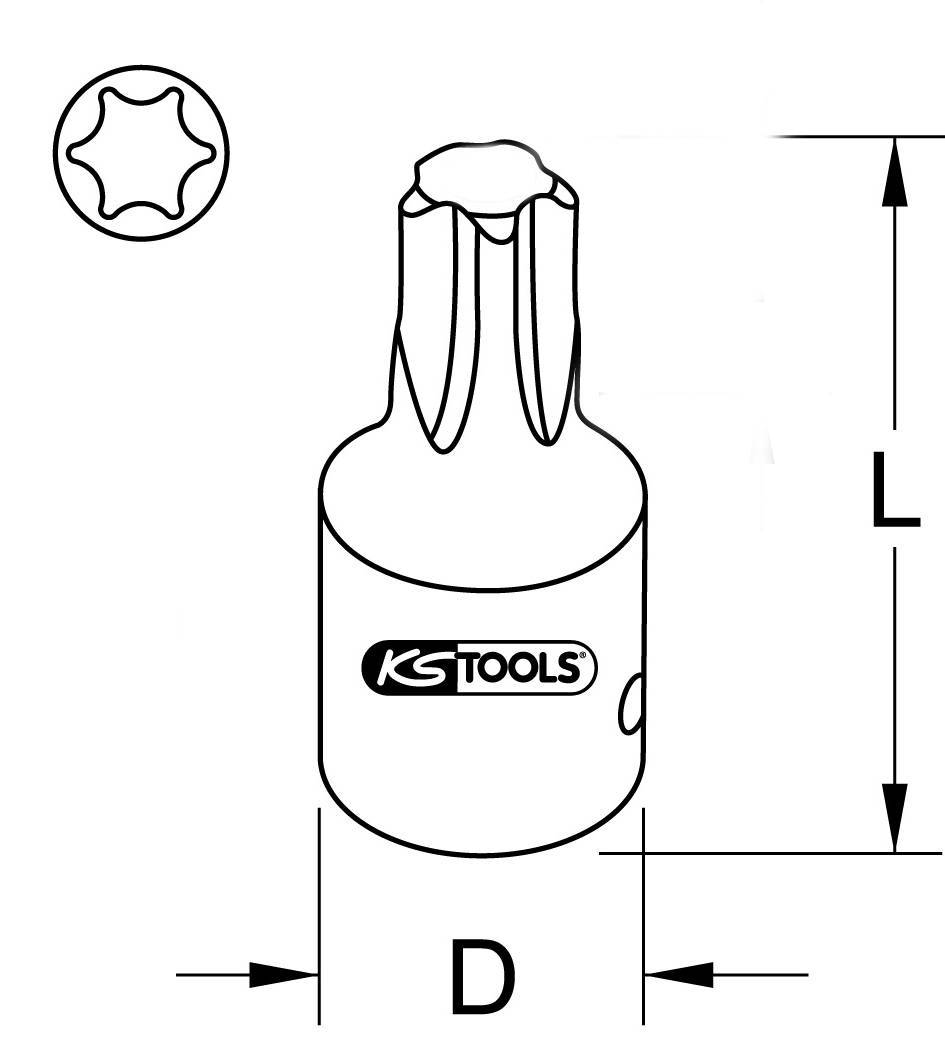 'KS Tools' Torx Bit Screwdriver Illustration. Labelled diagrams showing bit shape (five-pointed) and dimensions: Length (L) and Diameter (D).