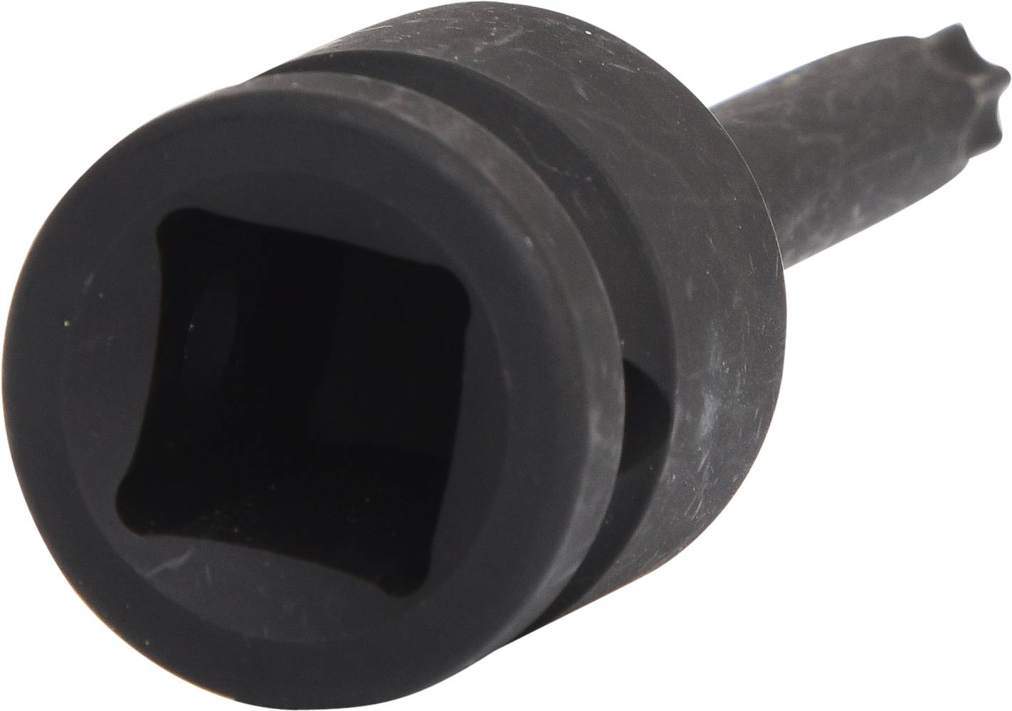 Black tool tip with a square opening and a round outer surface, seemingly a type of socket adapter.