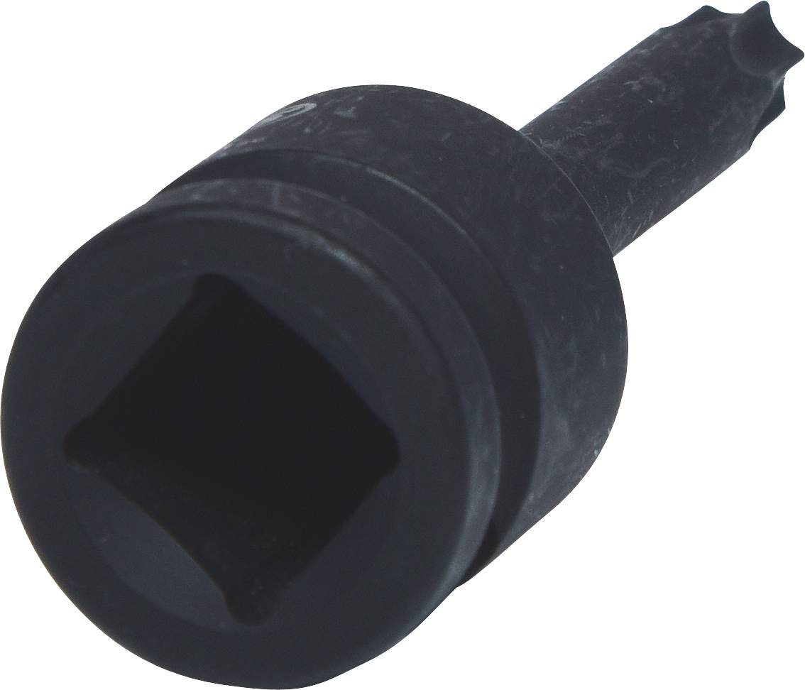 Black tool part with a square opening at the front and a spiral-shaped end. Likely used for driving machinery.