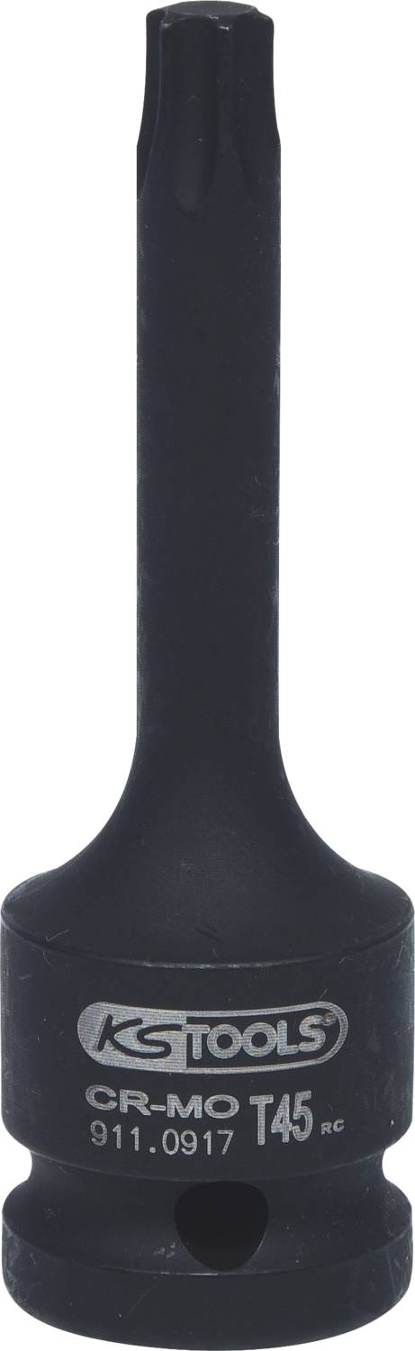 Long black Torx bit by KS Tools, model CR-MO T45, item number 911-0917.