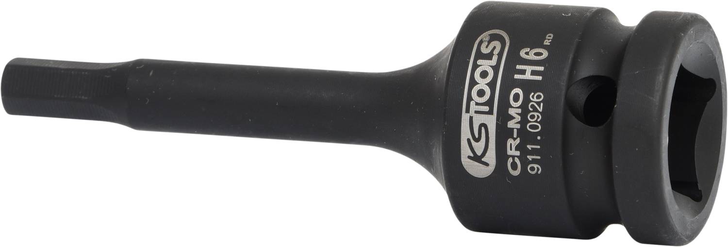 A black six-point hex key from KS Tools, model CR-MO H6, made of chrome-molybdenum, suitable for precise mechanical applications.