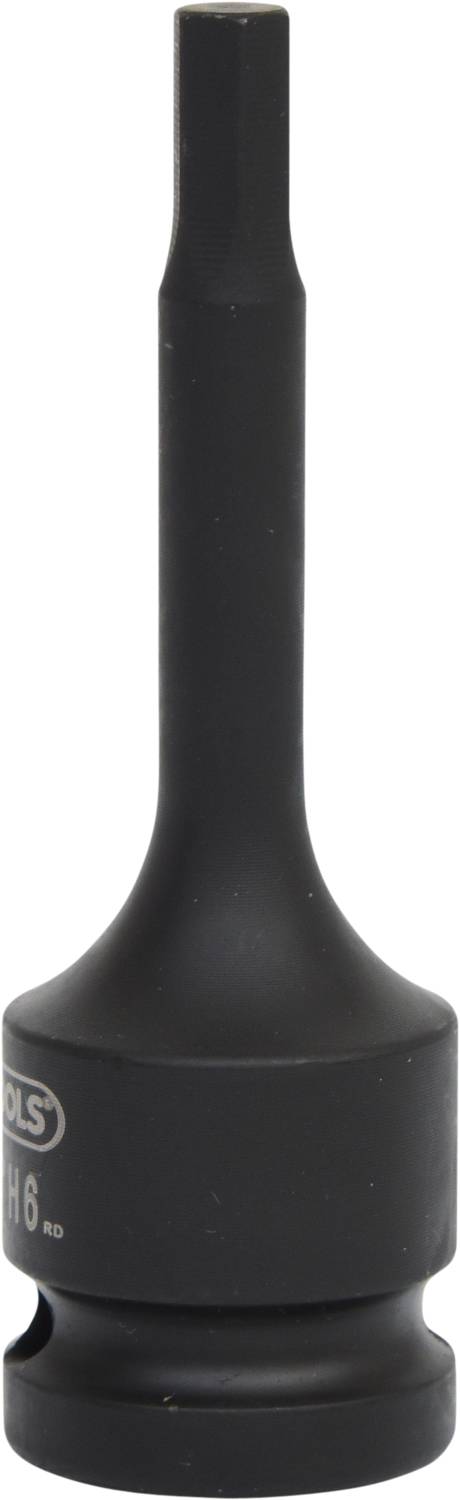 Black hexagonal bit holder, likely a H6 bit, for screw work, with cylindrical form.