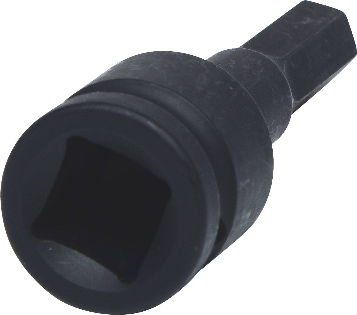 Black square-holed socket on a light background; tool component designed for connection with a ratchet or extension bar.