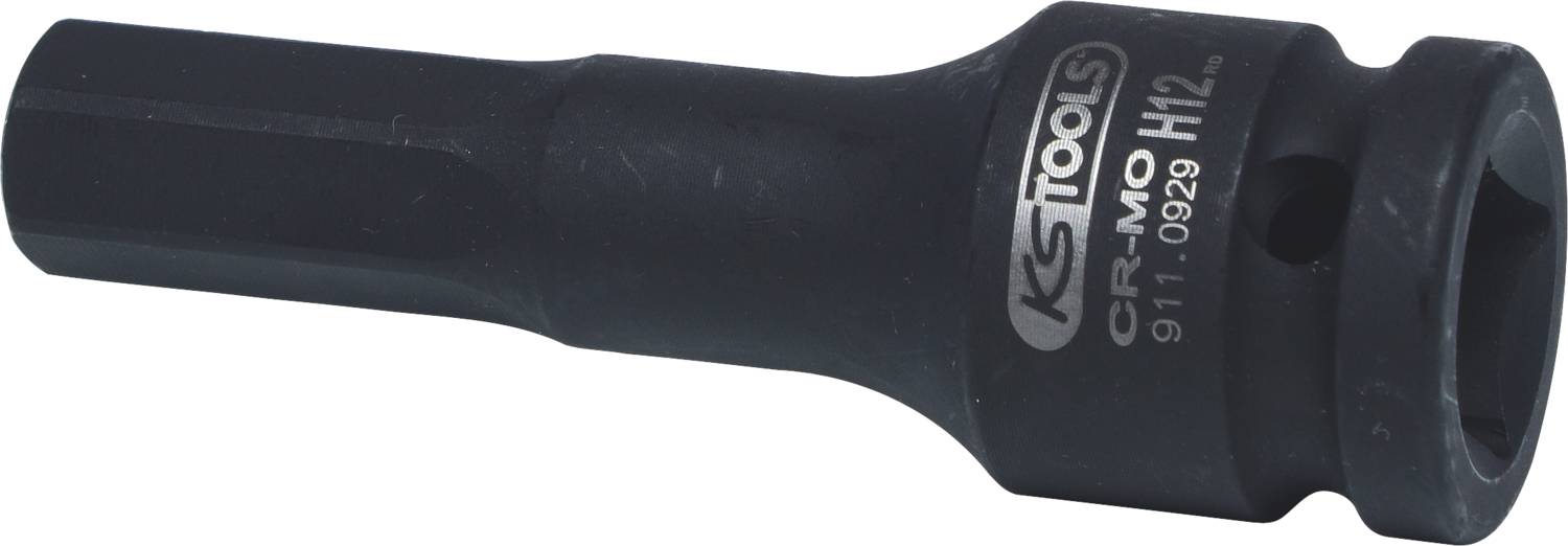 A black hex head socket adaptor with the inscription 'KS TOOLS' and 'CR-MO H12'. Suitable for screw-related work.