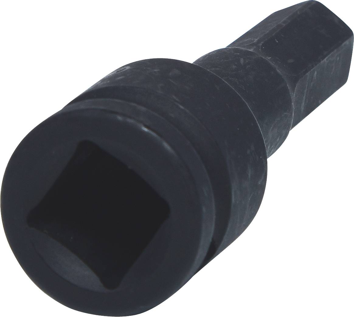 A black socket adaptor with a round base and hexagonal end, used for connecting spanners.