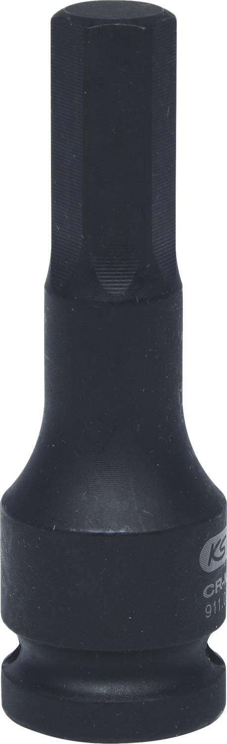Black, hexagonal socket nut for hand tools, ideal for power transmission to screws or nuts in mechanical applications.