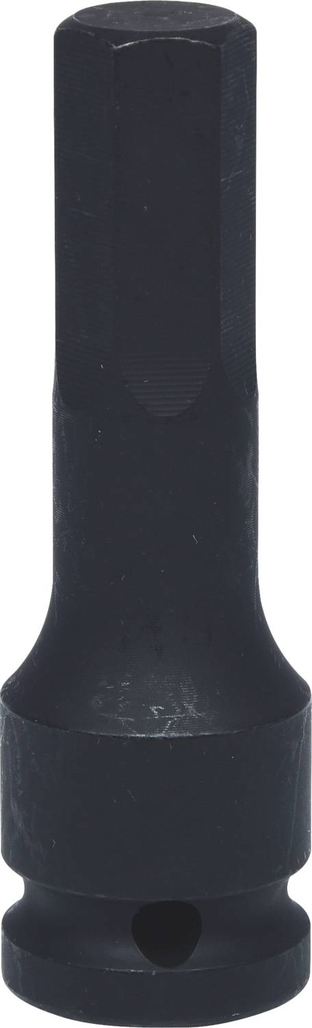 Black, six-sided metal socket with clamping slots; used for securing or loosening set screws.
