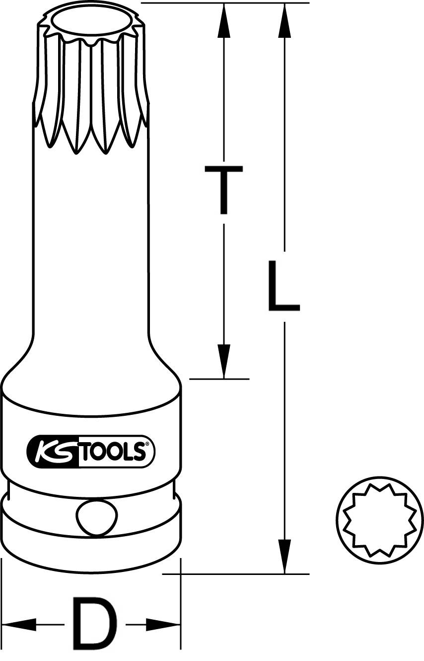 Figure of a long socket tool with tooth pattern and dimensions: Length (L), Tooth length (T), and Diameter (D). Marked with 'KS Tools'.