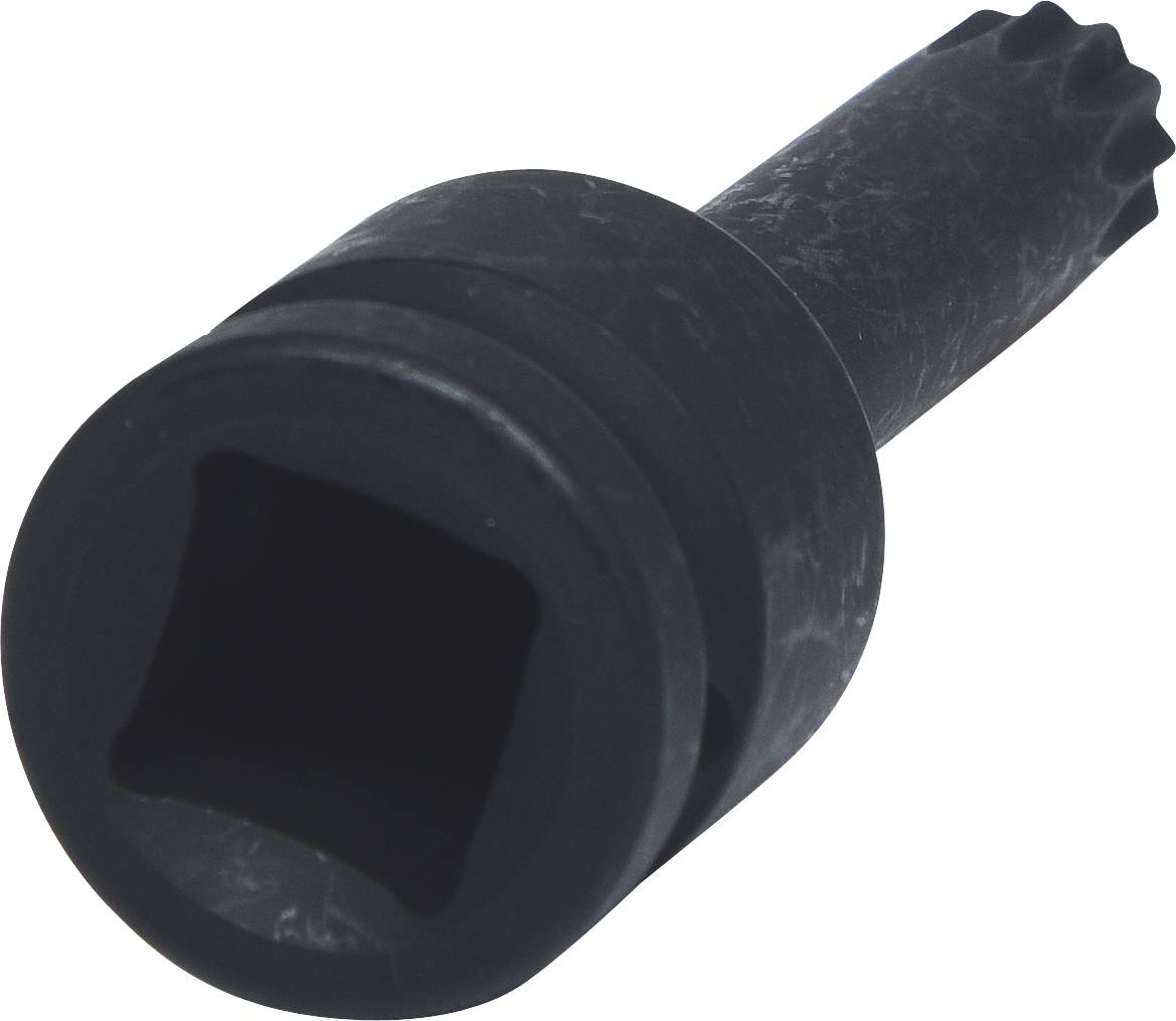 A black mechanical adapter with a square opening and a ribbed shaft, likely used for connecting tools.