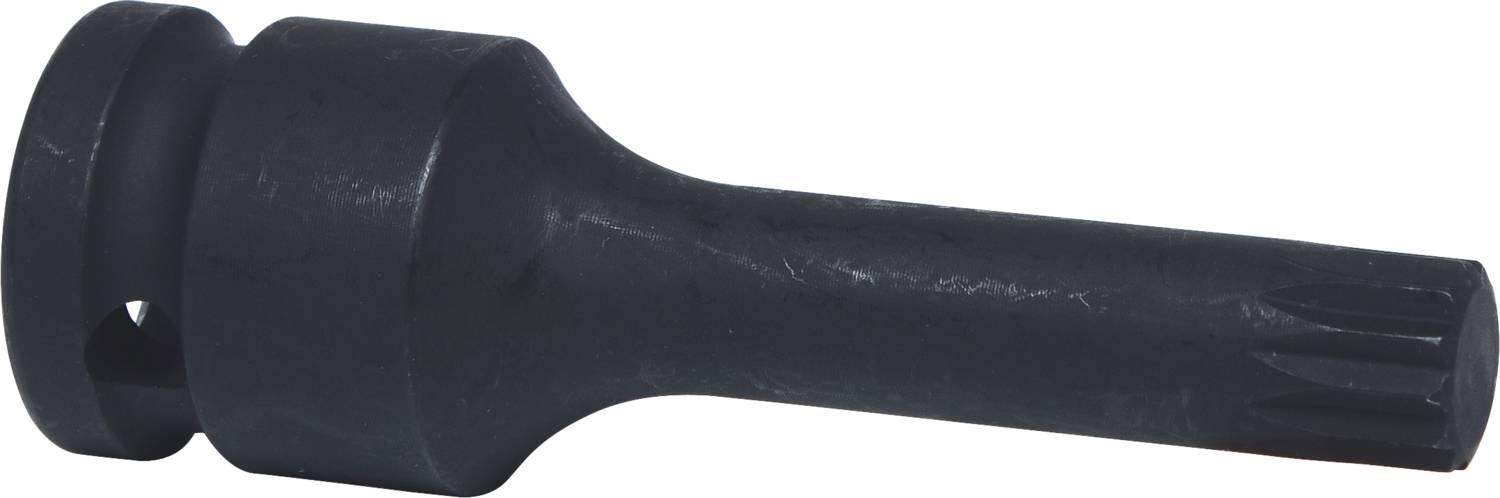 Black metal component with a cylindrical body and wider end. Used as a fastening element or connecting part in machinery.