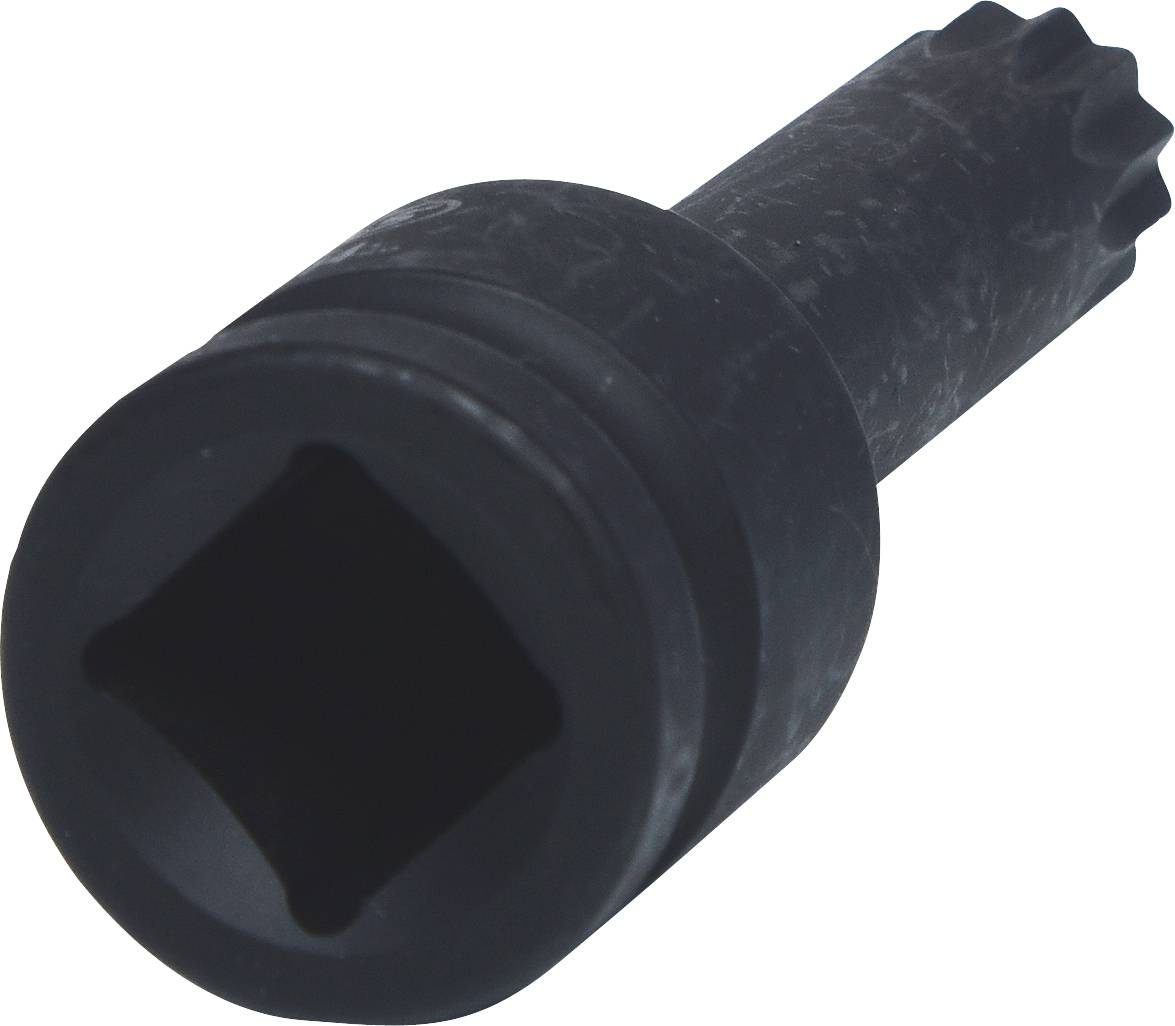 A black, cylindrical socket extension with a square opening, possibly for mechanical work or car repairs.