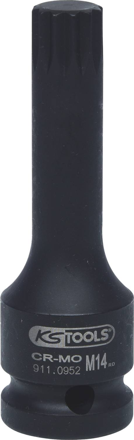 Black multi-tooth socket with long shaft, labelled 'KS TOOLS CR-MO M14'.