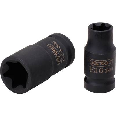 Two black Torx socket bits made of chromium-molybdenum steel, marked with 'EP24' and 'E16'; from KS Tools for vehicle repair.