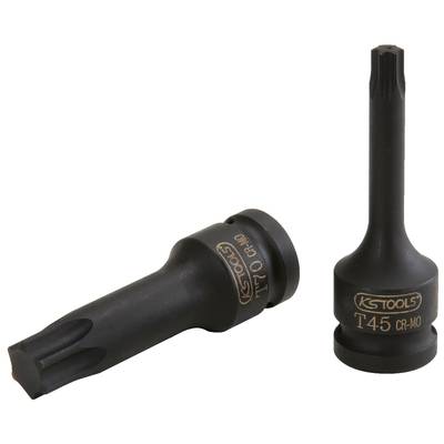 Two black T-profile sockets with gold lettering, lying and standing, from 'KS TOOLS'. Model numbers T70 and T45 are visible.