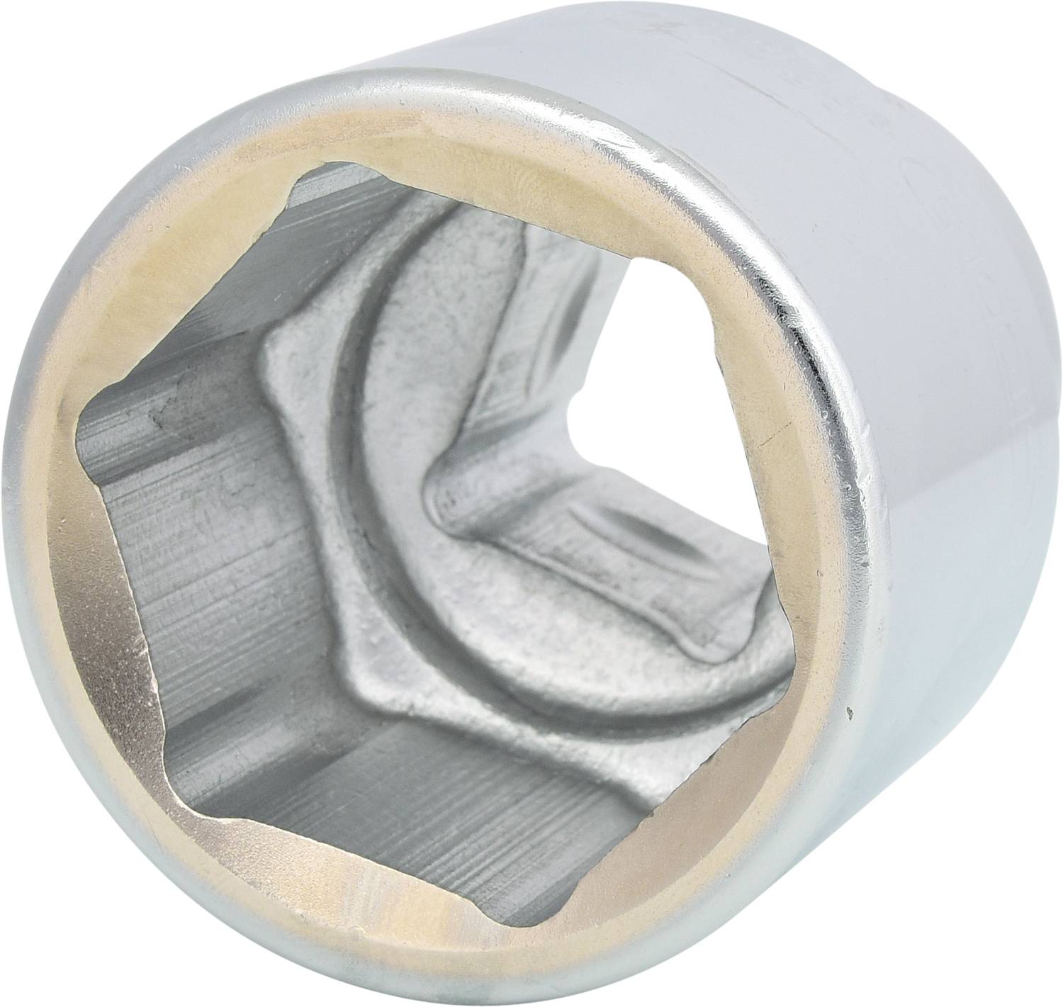 Metal spanner head with a hexagonal opening for nuts or bolts. Used for tightening or loosening.