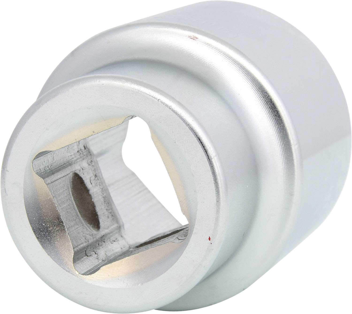 Silver metal sleeve bush with a square opening on a white background. It has smooth, shiny surfaces.