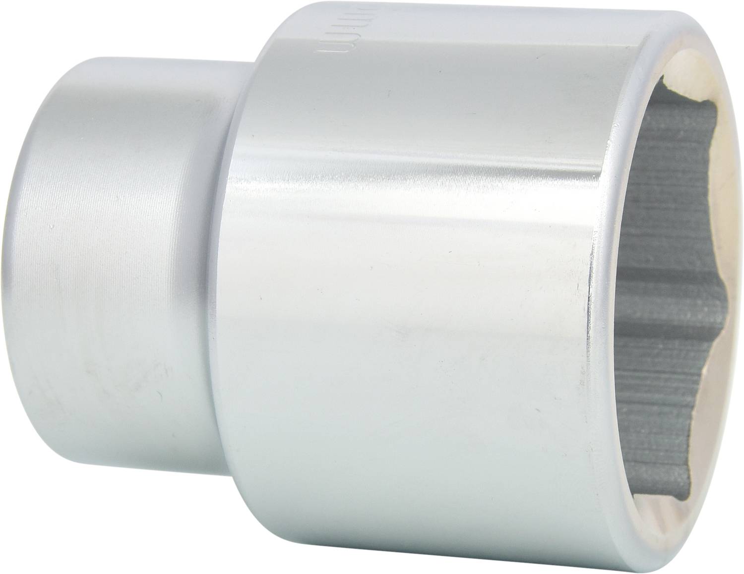 Metal screw head in close-up, silver-shiny. Screw tool or machine part, cylindrical shape, reflecting light.