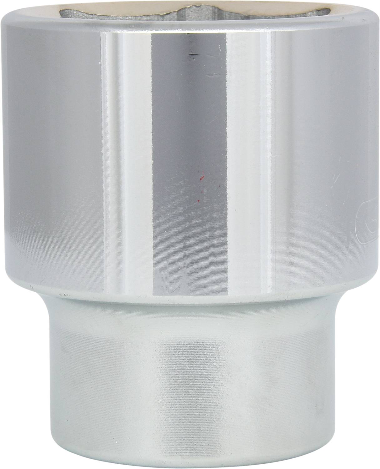 Silver hexagonal socket nut, cylindrically shaped, for use with socket wrenches.