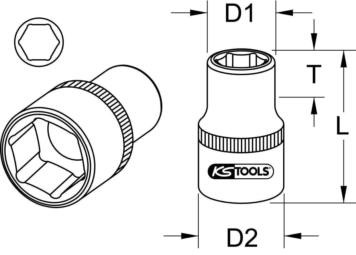 Socket spanner cross-section diagram with dimensional specifications D1, D2, T and L, alongside a hexagonal profile. Includes 'KS TOOLS' logo.