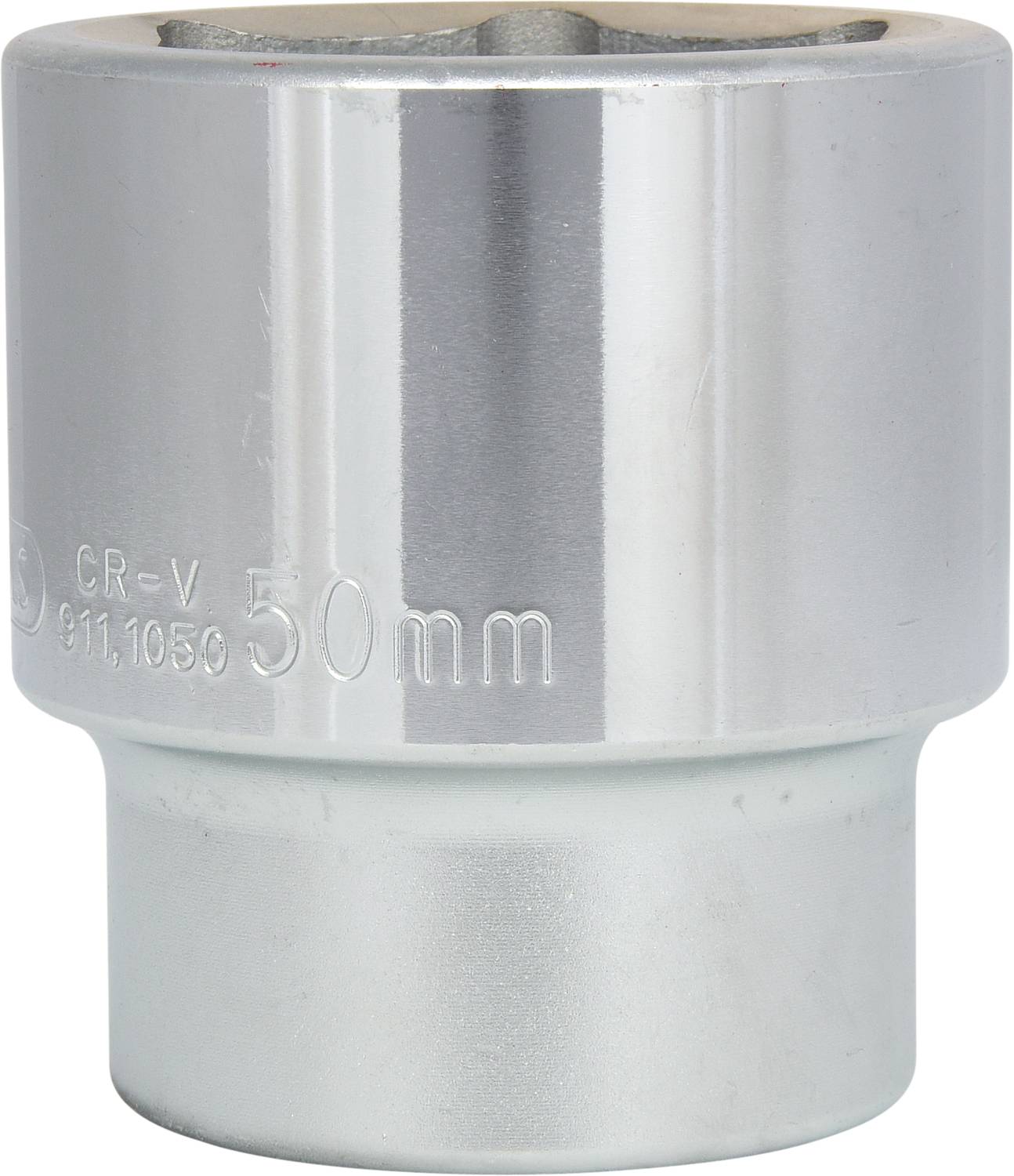 A silver metal socket with an engraved inscription of '50mm'. Used for tightening or loosening nuts.