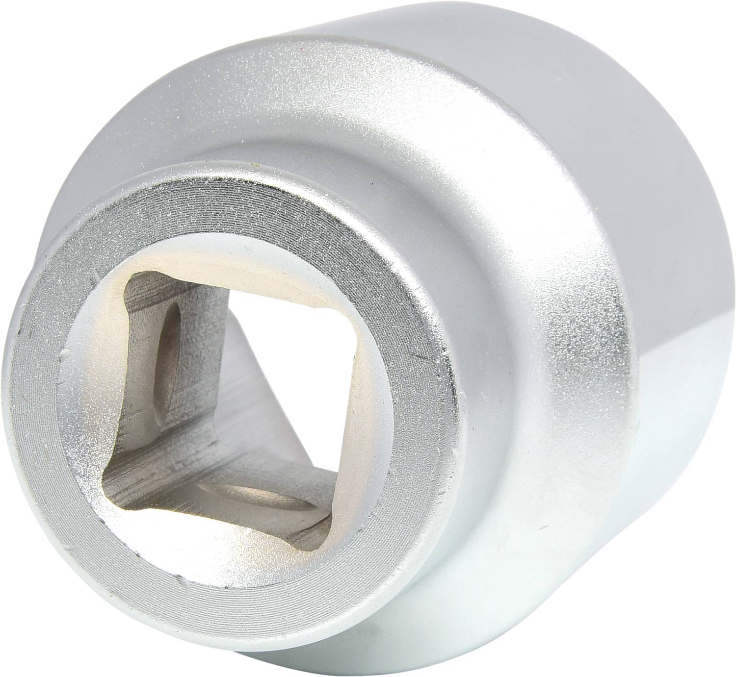 A silver metal tool with a square opening, likely a specialised socket key attachment, on a white background.