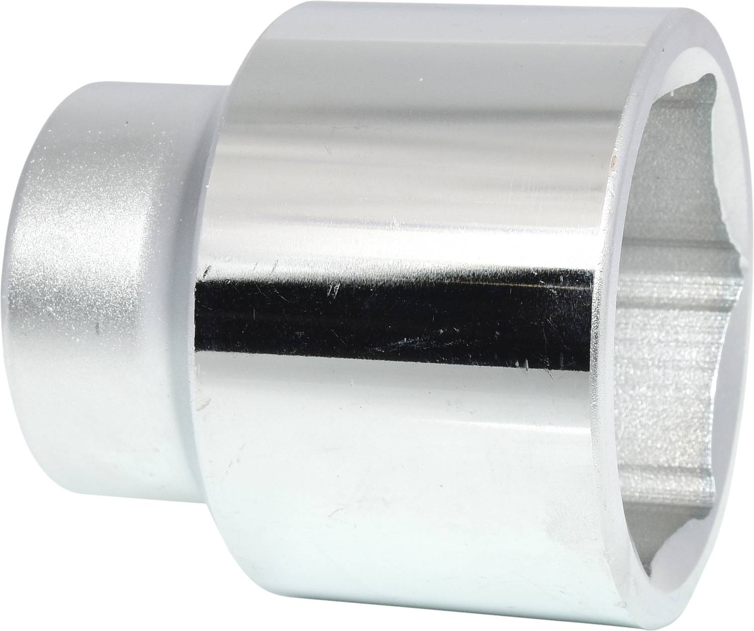 A silver cylindrical metal socket extension.