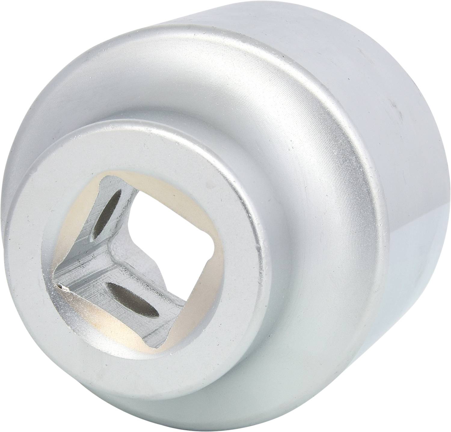 Silver-coloured round metal cap with a square opening, used for fastening or rotating objects.