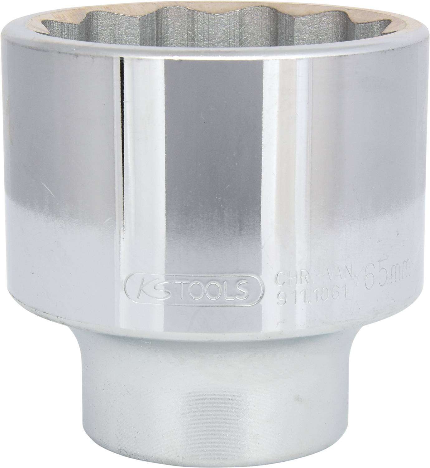 Chrome-plated metal socket, 65 mm, with KS Tools logo and engraving. Tool for screw-related work.