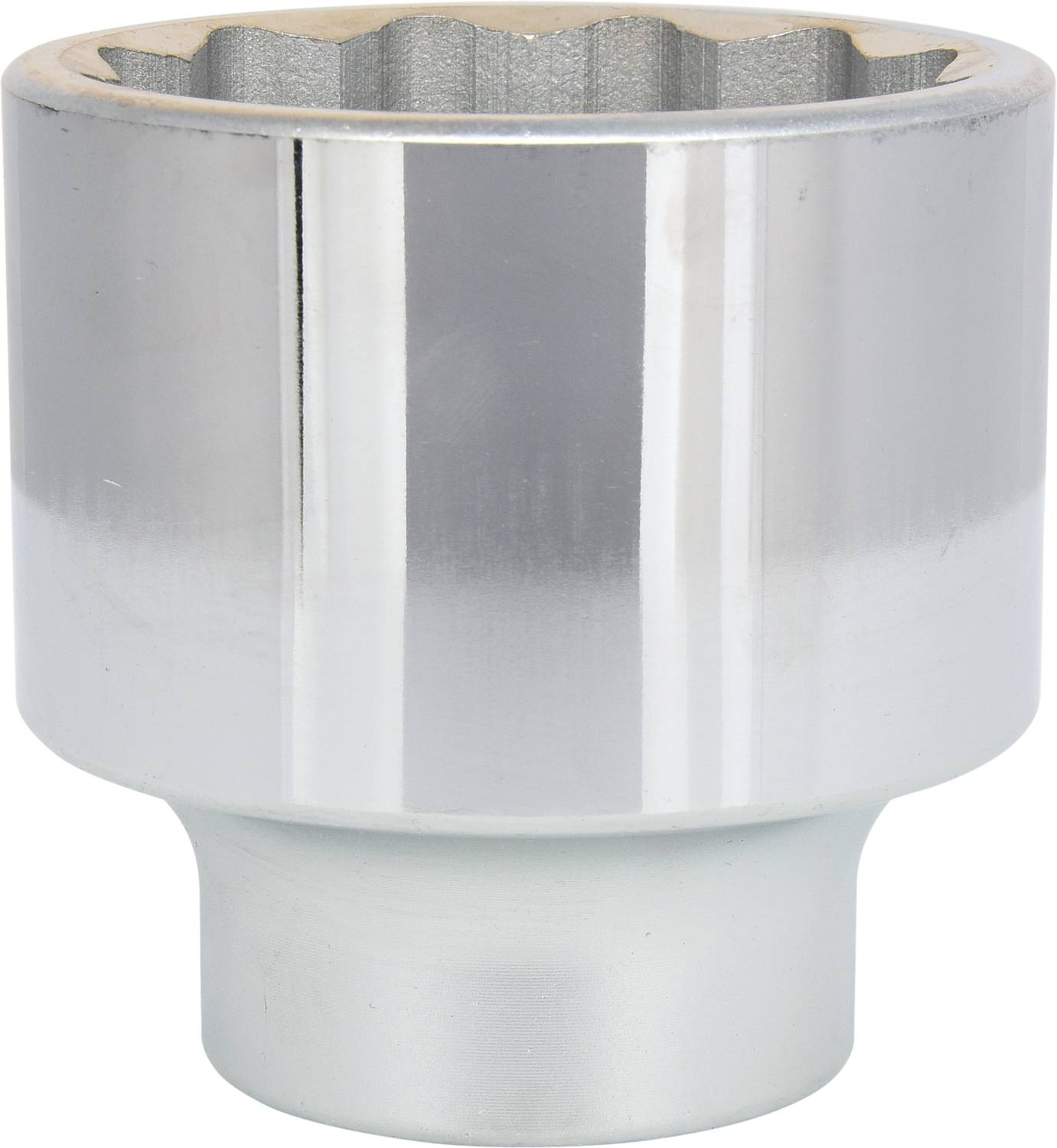 Silver-coloured socket nut with a twelve-sided internal hexagon profile, suitable for mechanical applications or repairs.