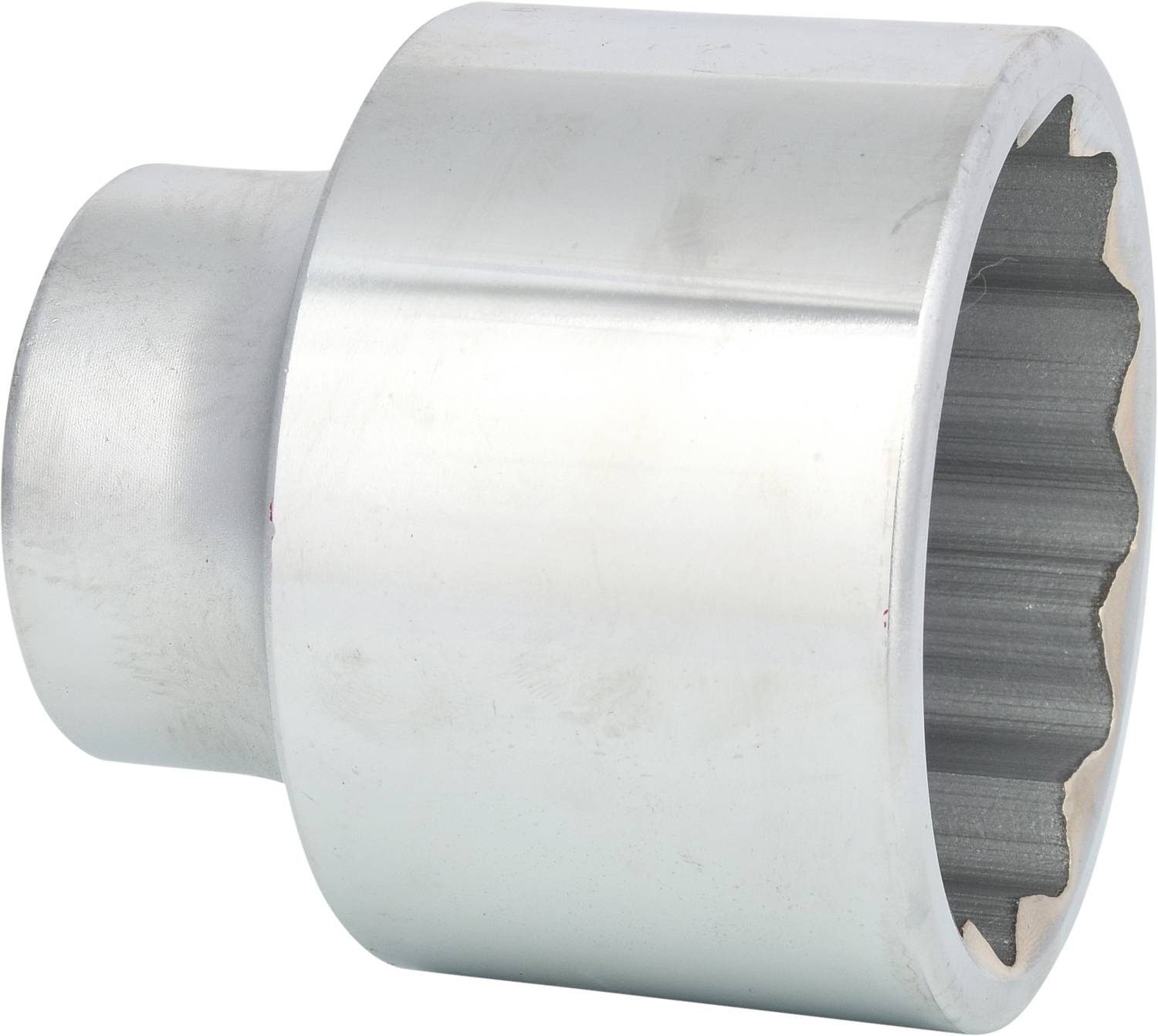 A silver socket extension with a grooved inner surface, suitable for working with screws or nuts.