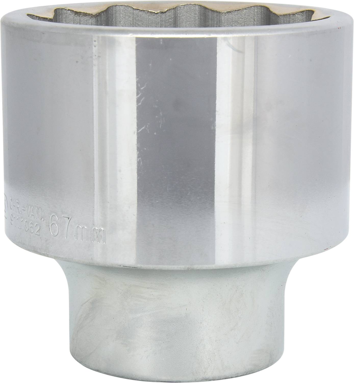 Metallic socket with a shiny surface, marked with '67 mm'. Suitable for large nuts or bolts.