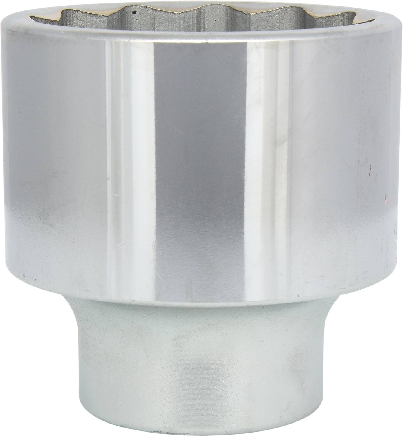 Metal socket key with a hexagonal opening, with a polished finish, for use with a ratchet or similar tool.