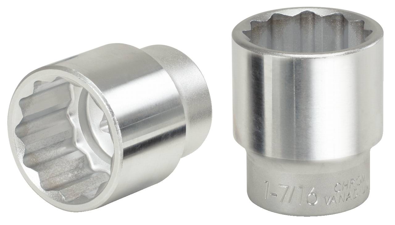 Two silver metal socket key inserts, one lying down, one standing upright. Both display a twelve-sided internal form.