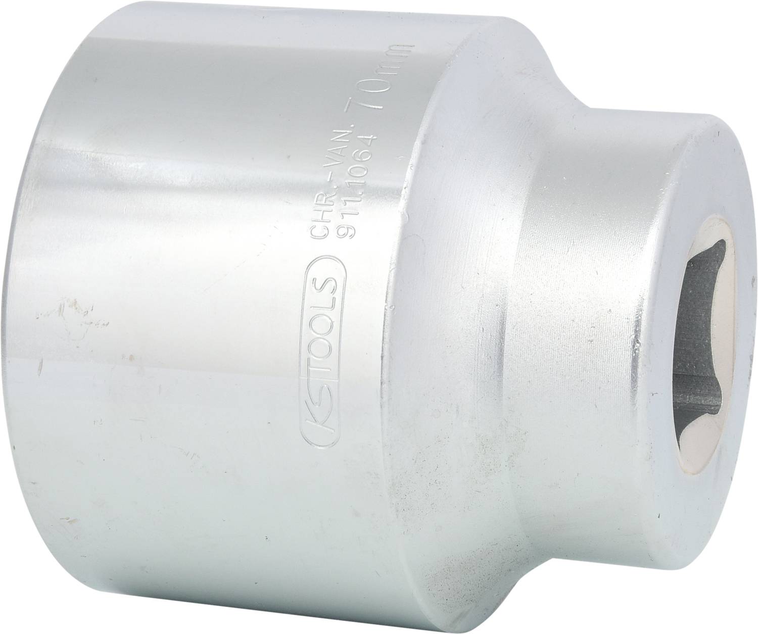 A silver socket extension, 70 mm in size, with a gleaming surface. Used for larger screws and nuts in mechanical work.