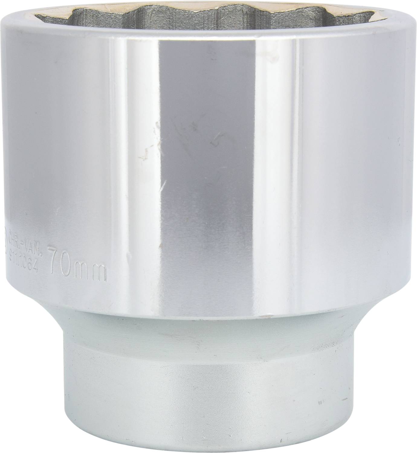 A silver hexagonal nut with 70 mm diameter, glossy surface, slightly rounded edges, suitable for technical applications.