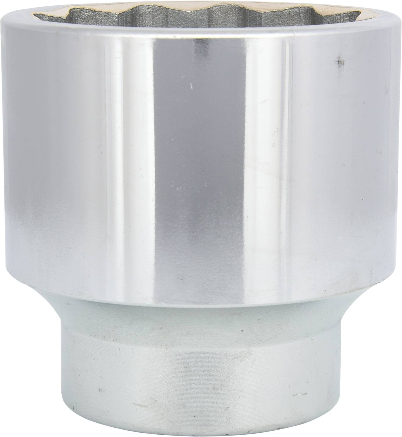 Silver hexagonal nut with a round opening, used for screw work. Gleaming surface, shows slight signs of use.