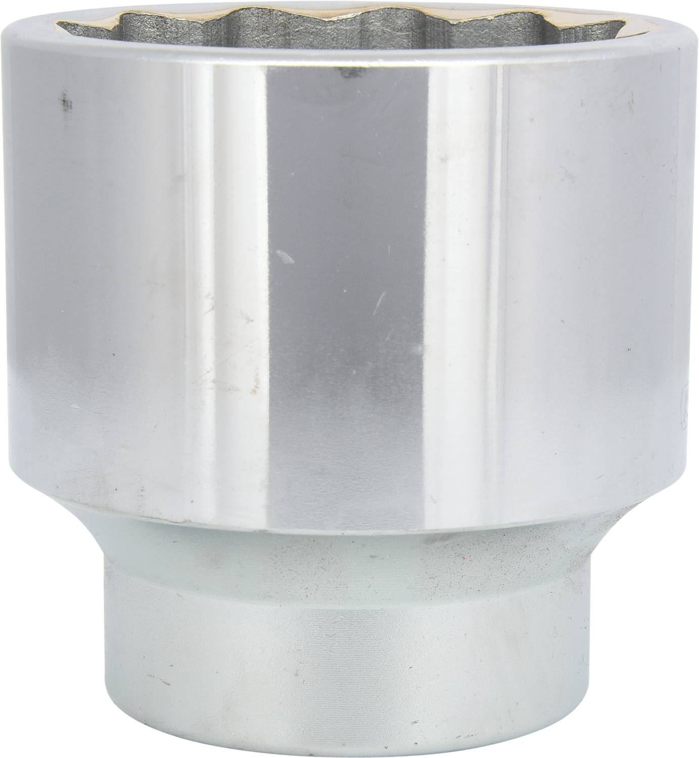 A silver threaded nut with a hexagonal inner surface, tapering conically, against a white background.