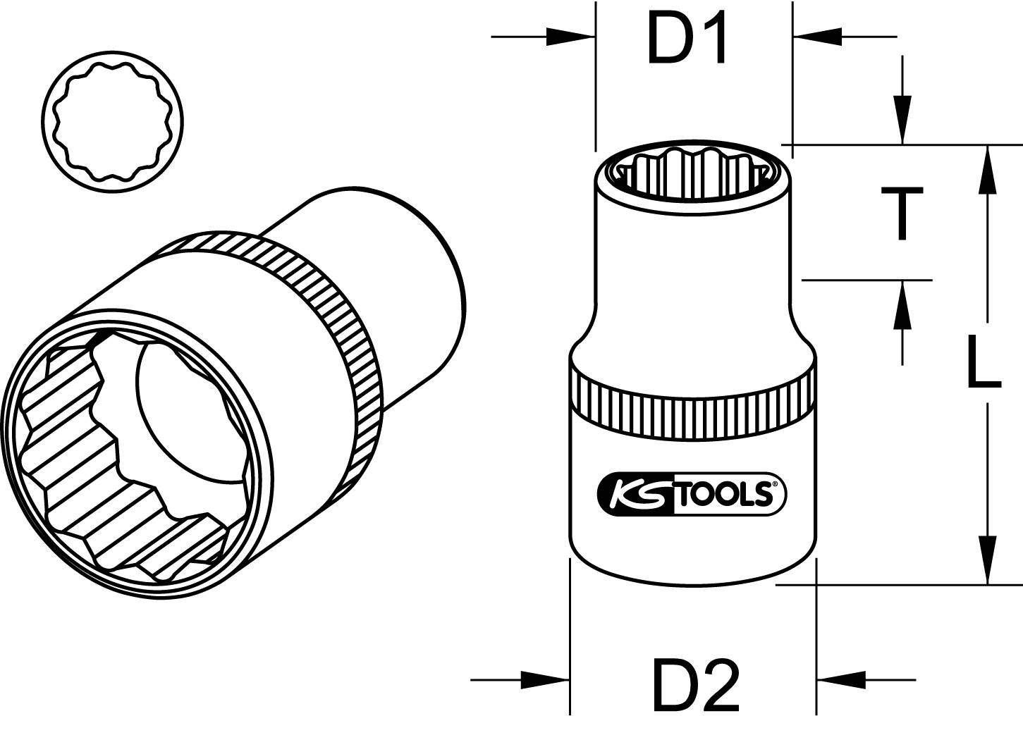 Socket Key Diagram with Dimensions: D1, D2, L, T. Shows Internal View and Profile. Marked with 'KS Tools'.