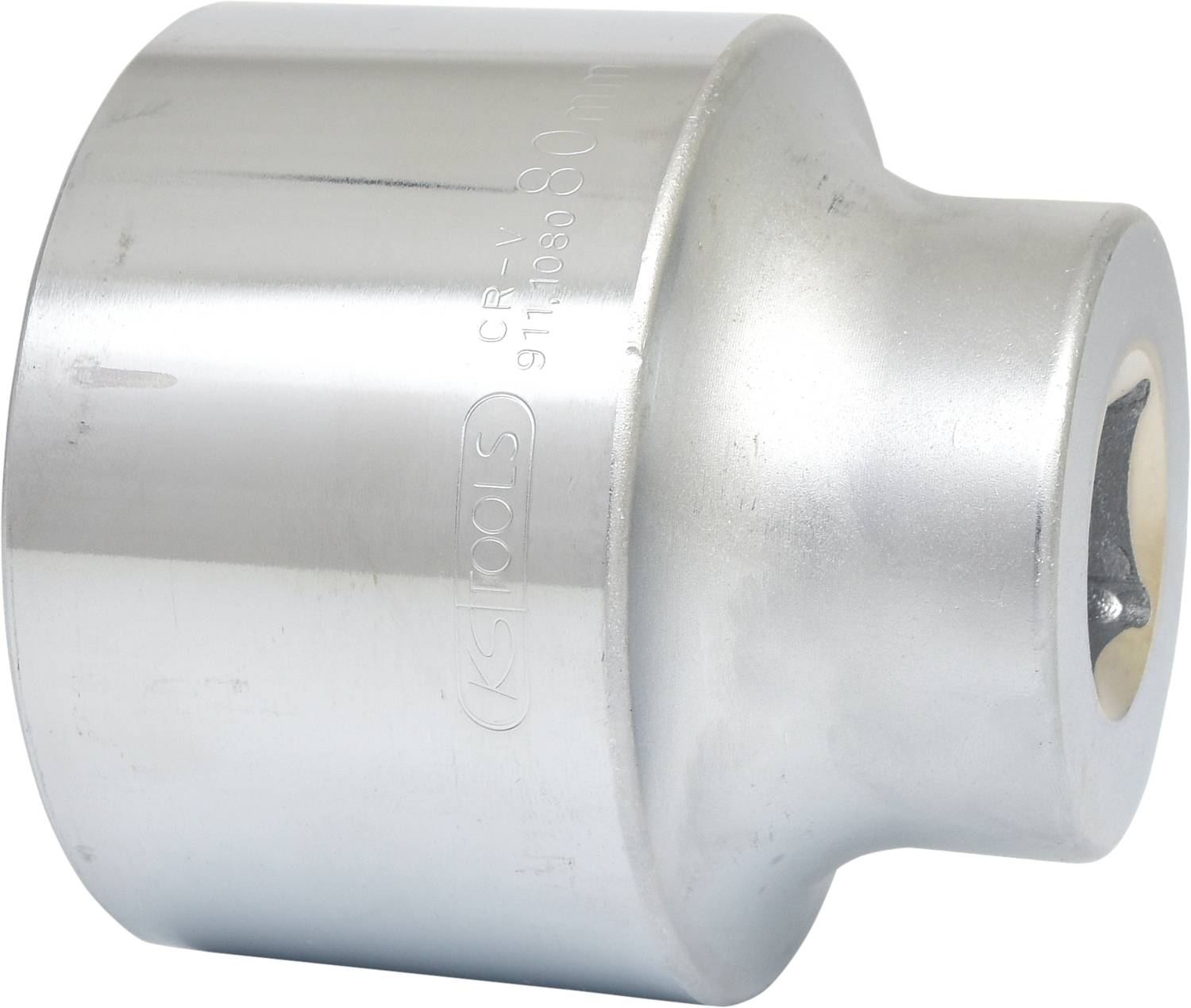 Metal socket or adapter, cylindrical, with a shiny surface, featuring an opening and an embossed marking on the side.