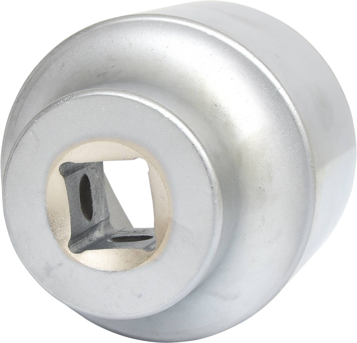 Silver, round metal piece with a square opening in the centre, possibly part of a larger mechanism or device.